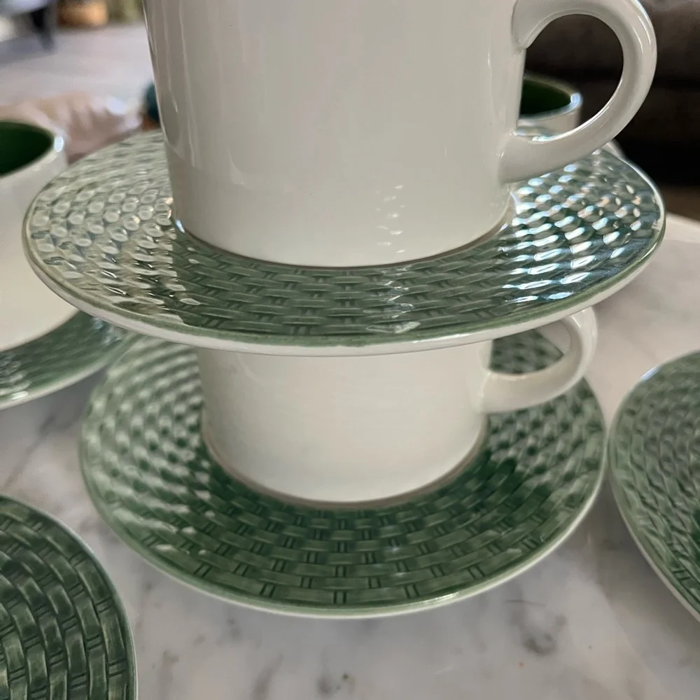 Pier 1 Stackable Coffee Mug & Basket Weave Green/white Saucer Set Of 6 Italy